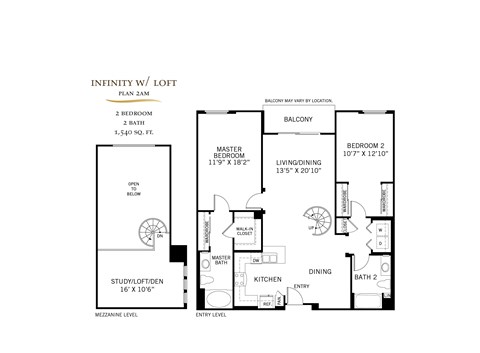 Floor plan for 2 beds, 2 baths, 1540 sqft